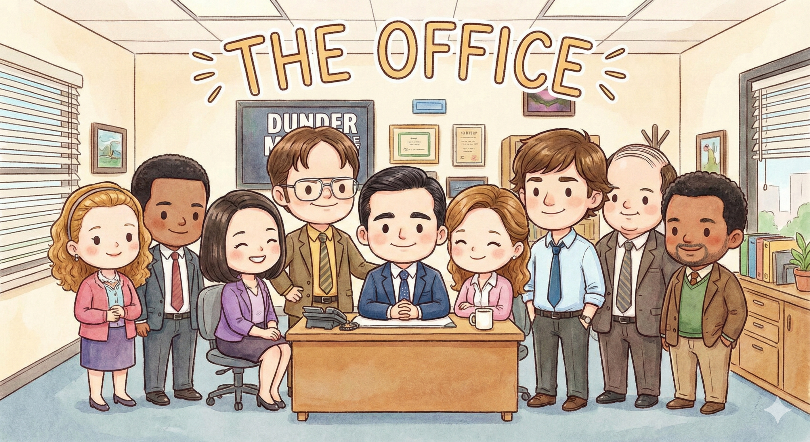 A picture of Michael, Jim, Pam and Dwight